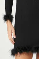 Women's Faux Feather-Trim Midi Sweater Dress in Black Large