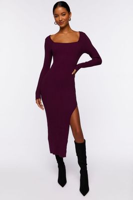 Women's Thigh-Slit Midi Sweater Dress in Plum, XL