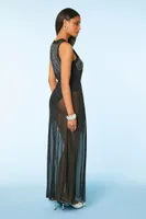 Women's Sheer Mesh Rhinestone Maxi Dress Black/Silver