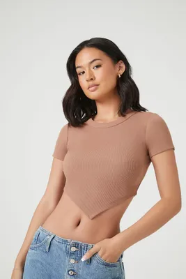 Women's Cropped V-Hem Rib-Knit T-Shirt