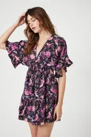 Women's Floral Print Ruffle Mini Dress in Black Large