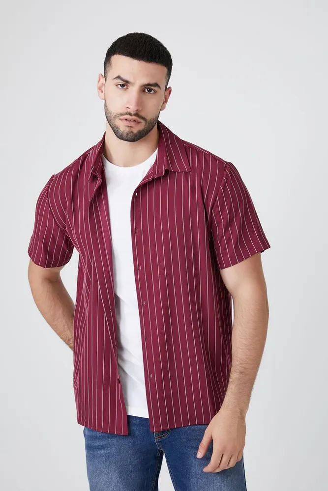 Men Pinstriped Button-Up Shirt in Burgundy/White, XXL