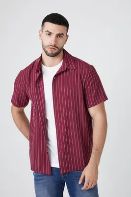 Men Pinstriped Button-Up Shirt in Burgundy/White Large