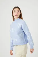 Women's Butterfly Mock Neck Sweater in Blue/White, XL