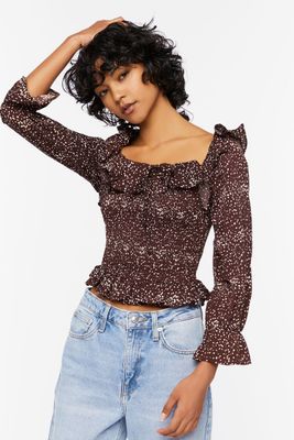 Women's Speckled Print Trumpet-Sleeve Top in Brown/Ivory Small