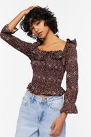 Women's Speckled Print Trumpet-Sleeve Top in Brown/Ivory Small