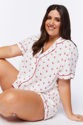 Women Piped-Trim Shirt & Shorts Pajama Set in White/Ruby, 2X