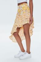 Women's Floral Print High-Low Skirt in Mustard Large