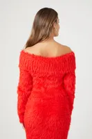 Women's Faux Fur Off-the-Shoulder Top in Fiery Red Large