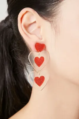 Women's Tiered Glitter Heart Drop Earrings in Clear/Red