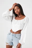 Women's Satin Peasant-Sleeve Crop Top in White Large