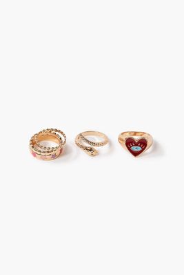 Women Eye Heart Ring Set in Gold/Red, 8
