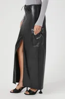 Women's Faux Leather Toggle Drawstring Midi Skirt in Black Small