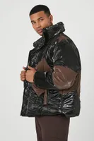 Men Faux Patent Leather Puffer Jacket