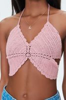 Women's Crochet Butterfly Halter Crop Top in Rose Large