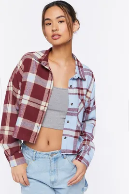 Women's Reworked Plaid Cropped Shirt in Merlot/Azure Medium