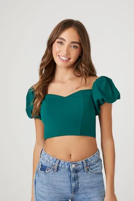 Women's Puff-Sleeve Sweetheart Crop Top in Emerald, XS