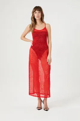 Women's Sheer Lace Maxi Slip Dress Red