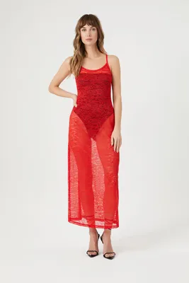 Women's Sheer Lace Maxi Slip Dress in Red Large