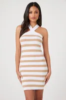 Women's Striped Crisscross Mini Dress in Taupe/White Large