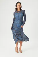 Women's Abstract Geo Print Mesh Maxi Dress in Blue, XS