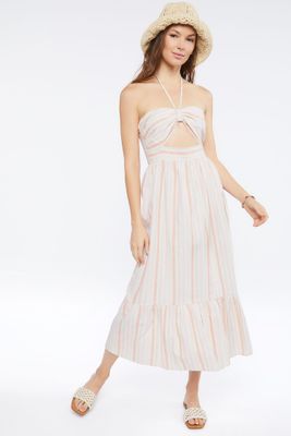 Women's Striped Linen-Blend Midi Dress in Pink Medium