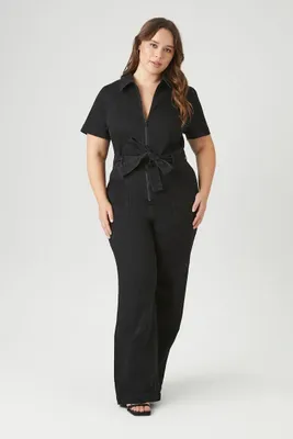 Women's Zip-Up Denim Jumpsuit in Black, 0X