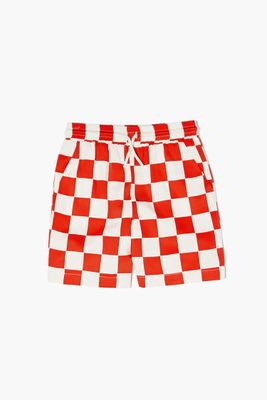 Kids Checkered Drawstring Shorts (Girls + Boys) in White/Red, 13/14