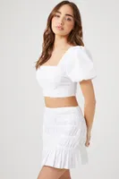 Women's Puff Sleeve Crop Top & Mini Skirt Set in White, XL