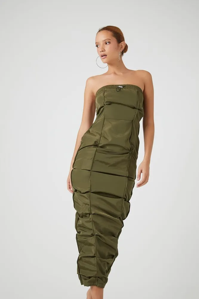 Women's Ruched Toggle Tube Maxi Dress in Olive, XS