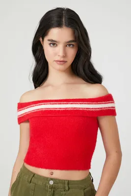 Women's Sweater-Knit Off-the-Shoulder Top in Red/White Medium