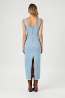 Women's Frayed Denim Maxi Dress in Light Denim Large