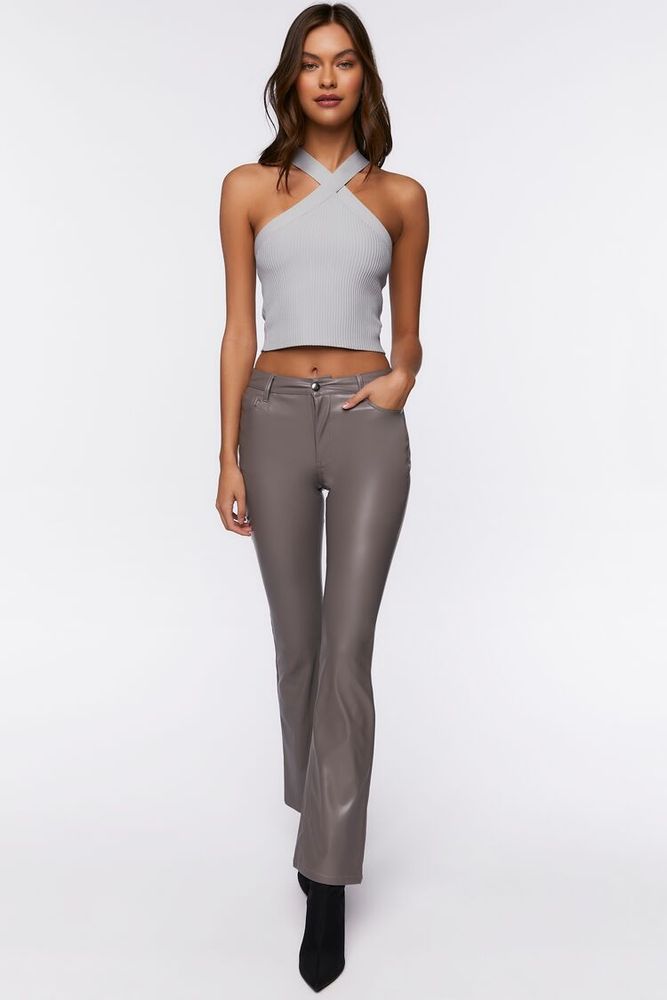 Women's Sweater-Knit Halter Crop Top in Grey, XL