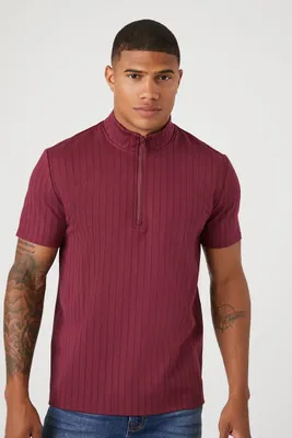 Men Half-Zip Textured Funnel Neck Shirt in Burgundy, XXL