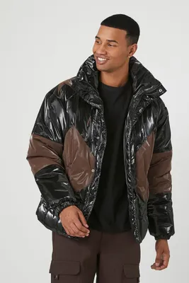 Men Faux Patent Leather Puffer Jacket in Black/Cocoa Small