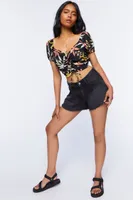 Women's Tropical Print Puff-Sleeve Top in Black Small