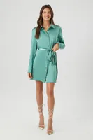 Women's Satin Tie-Waist Mini Shirt Dress in Stone Blue Small