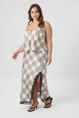 Women's Satin Plaid Print Maxi Skirt in Grey, 3X