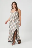 Women's Satin Plaid Print Maxi Skirt in Grey, 3X