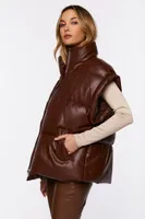 Women's Faux Leather Zip-Up Puffer Vest in Brown Medium