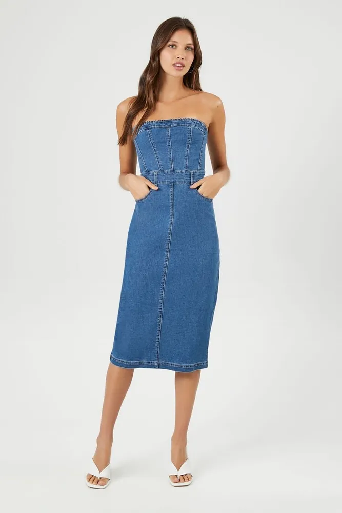 Women's Denim Tube Midi Dress in Medium Denim, XS