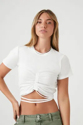 Women's Ruched Wraparound Cropped T-Shirt in Cream Small