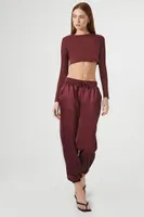 Women's Satin Drawstring Joggers in Burgundy, XS