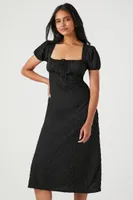 Women's Textured Puff-Sleeve Midi Dress in Black, XS