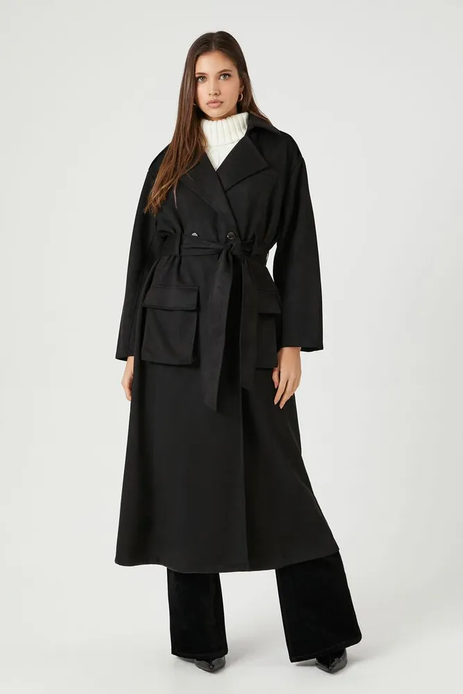 Women's Belted Faux Suede Trench Coat in Black Small