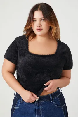 Women's Cropped Sweater-Knit T-Shirt in Black, 2X