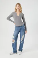 Women's Curved-Hem Henley Top Dark Grey