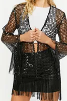 Women's Sequin Open-Knit Fringe Kimono in Black Small