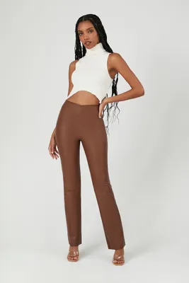 Women's Faux Leather High-Rise Bootcut Pants in Brown Small