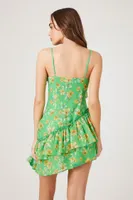 Women's Ruffled Floral Print Mini Dress in Green Large